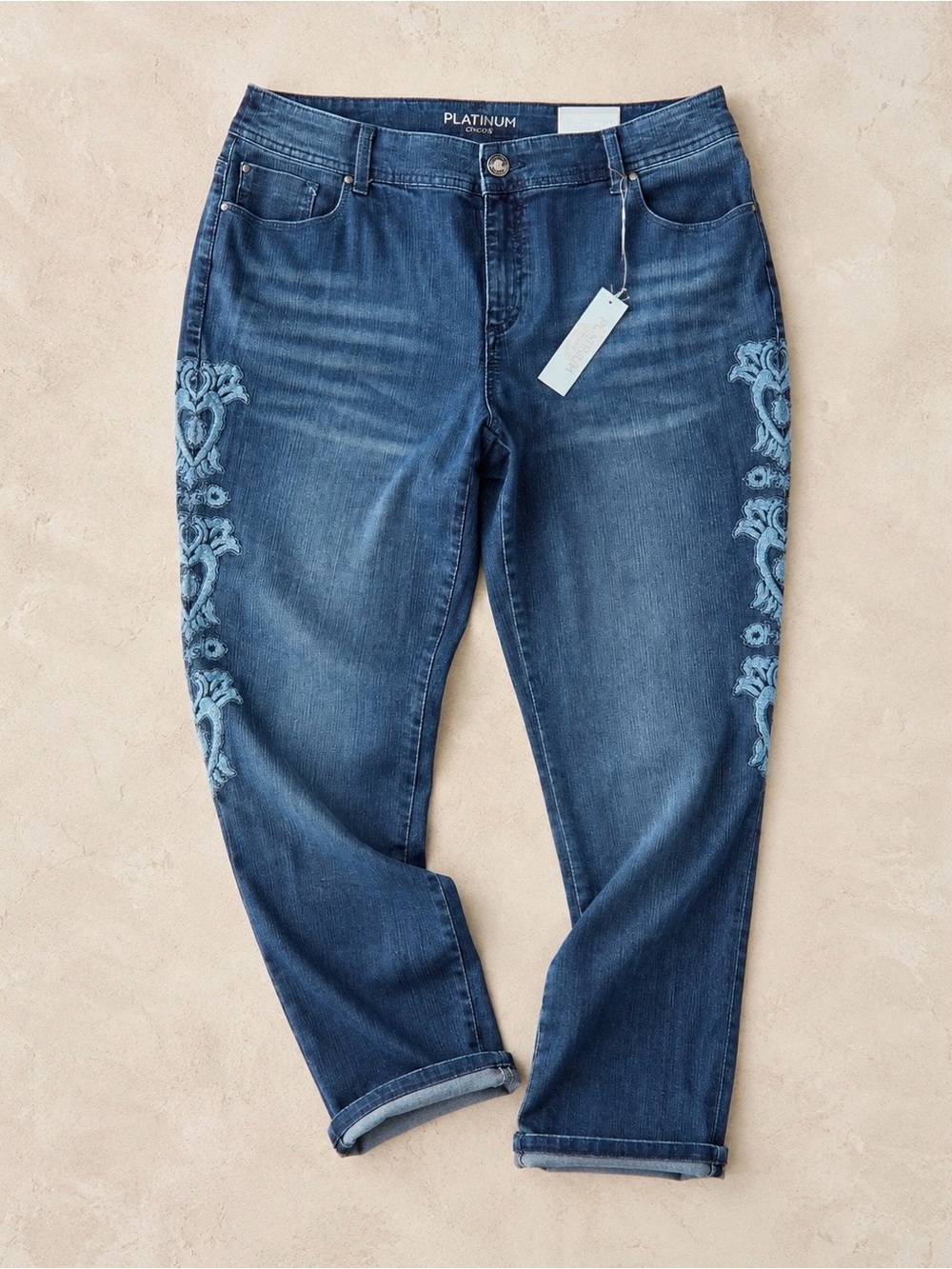 NWT Chico's Platinum Dark Blue Embroidered Ankle Jeans Size 2 US 12